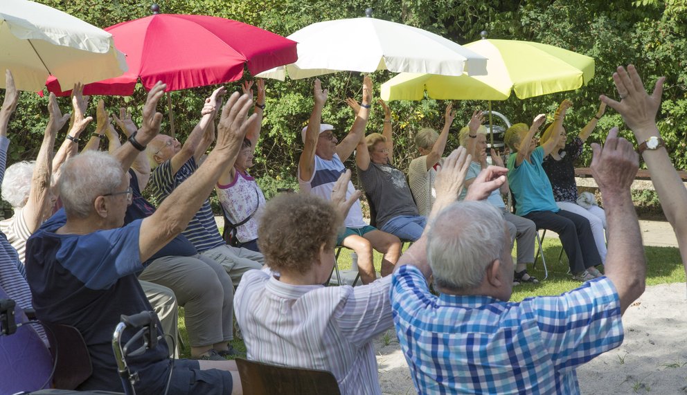 Grup de rezidenți în scaune cu rotile care fac exerciții de dimineață în parc